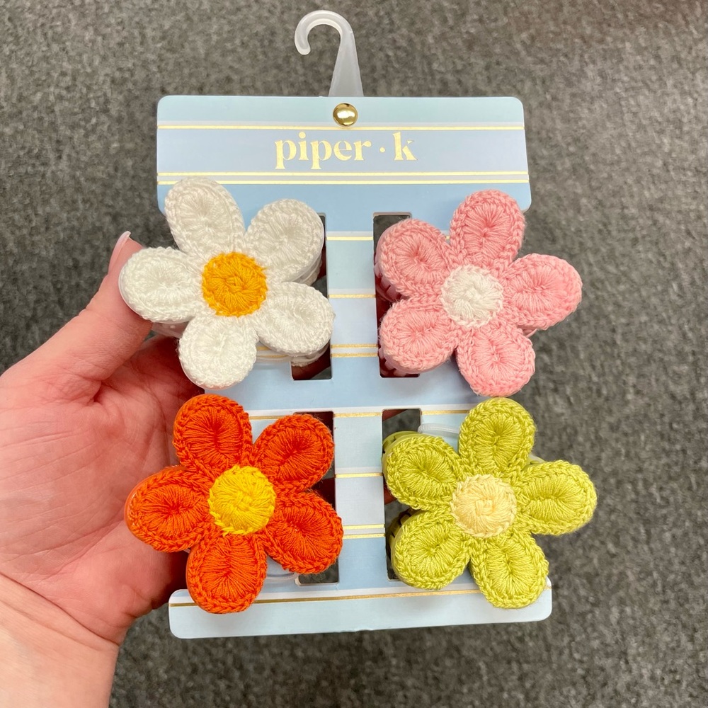 Crochet Flower Hair Clips (Large) - White, Pink, Orange, Green